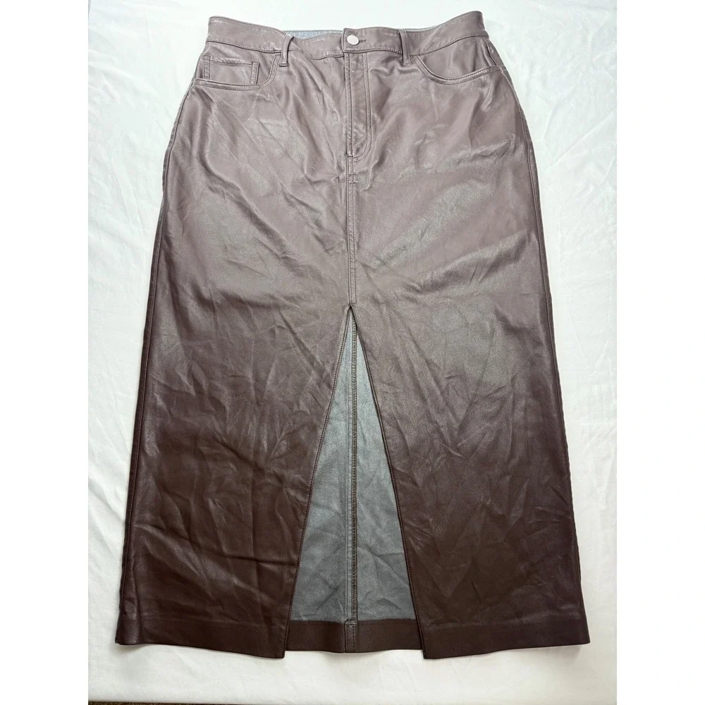 Express 12 Vegan Leather‎ Midi Skirt Brown Straight Front Slit